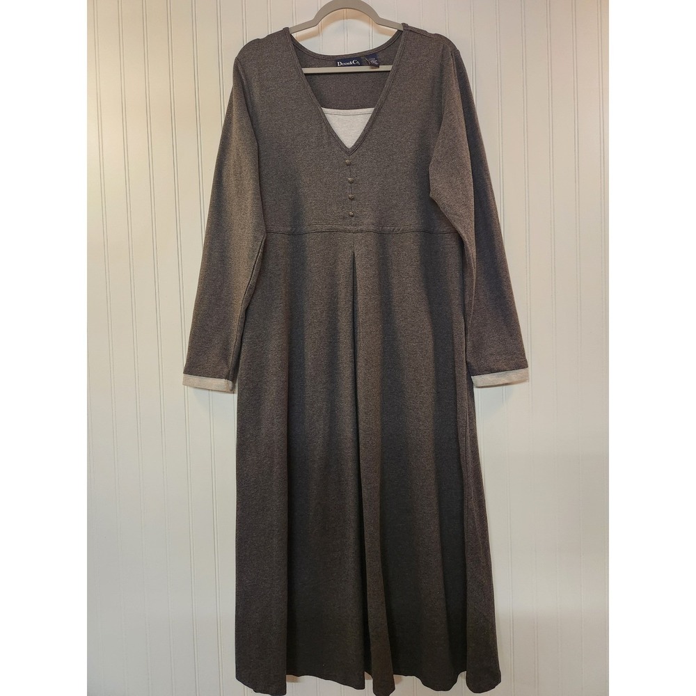 Denim & Co Womens Gray Cotton Spandex‎ V-Neck Maxi Dress Large Casual Comfort